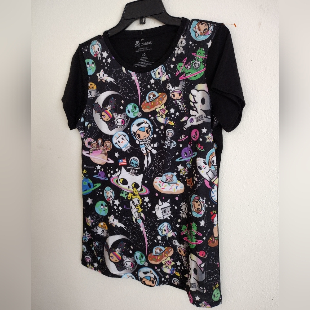 Tokidoki all over space print Black Colorful Character T-shirt size large - Picture 7 of 7